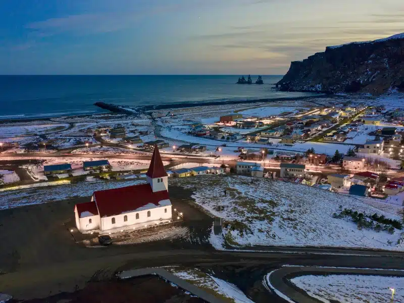 Vik is a small town on the Southern coast of Iceland and is a stopping point for people exploring the country. It's overlooked by a beautiful chapel