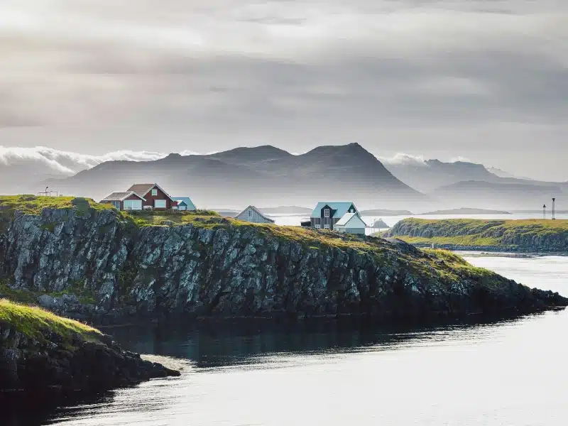 Beautiful view of the Stykkisholmskirkja Harbor with Fishing ships boats at Stykkisholmur town in western Iceland.