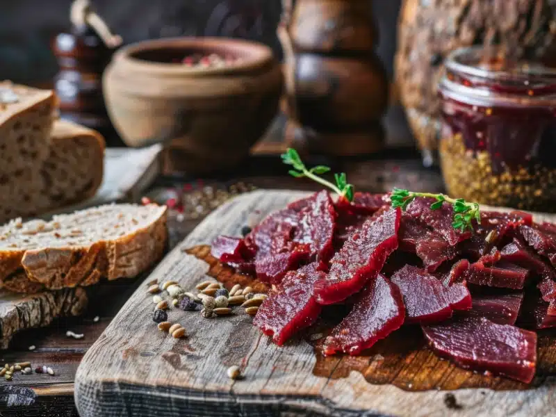 Icelandic fermented shark hakarl presented on a rustic wooden board with rye bread. A unique and traditional Icelandic dish