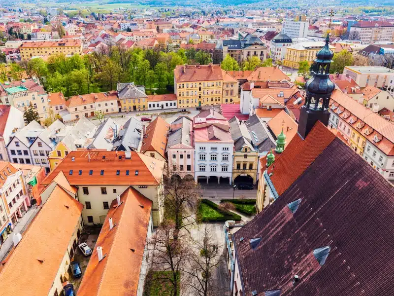 Old town of Ceske Budejovice - aerial photo. Ceske Budejovice, South Bohemia, Czech Republic