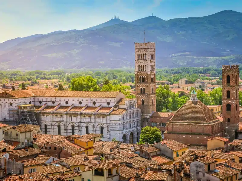 Above medieval roofs, old town of Lucca, Tuscany, Italy