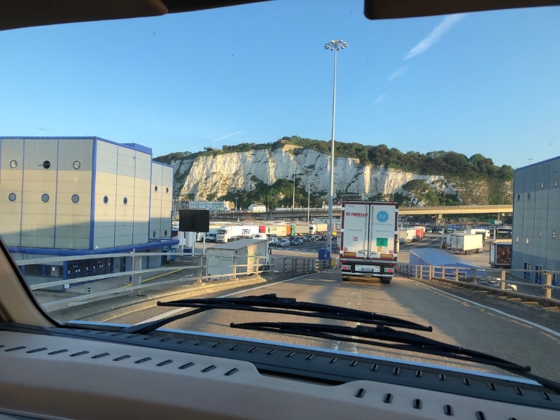 view through a motorhome windscreen as the vehicle leaves a ferry