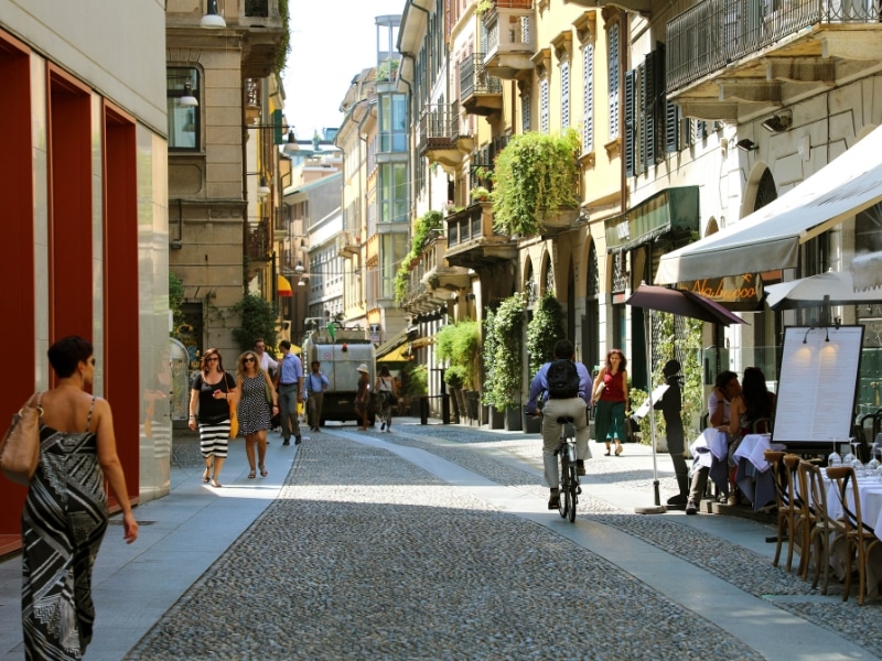 Typical street in neighborhood Brera in Milan, Italy