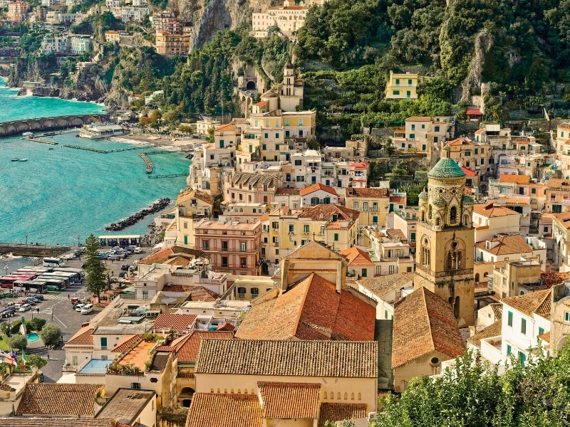 creamy buildings and turquoise sea of Amalfi