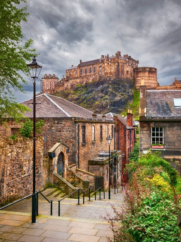View of Edinburg Castle from Heriot Place on a stormy day