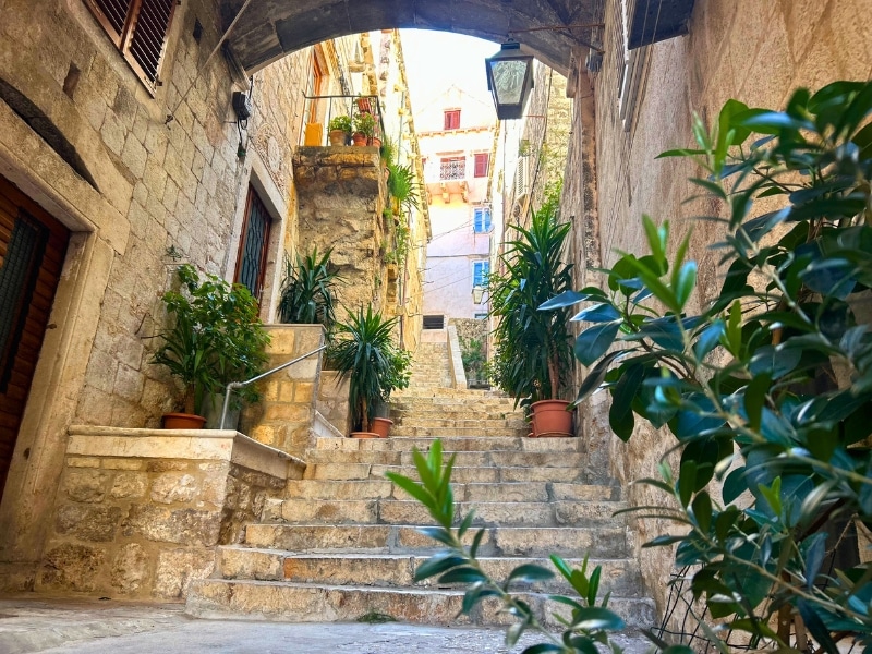 plant lined stone stairs under an arch between buildings 