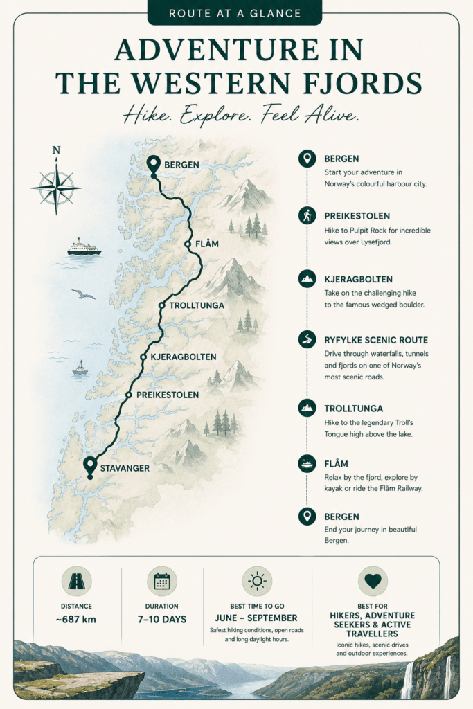 map of an adventurous road trip in the Western Fjords of Norway