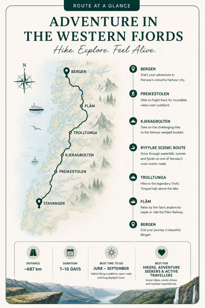 map of an adventurous road trip in the Western Fjords of Norway