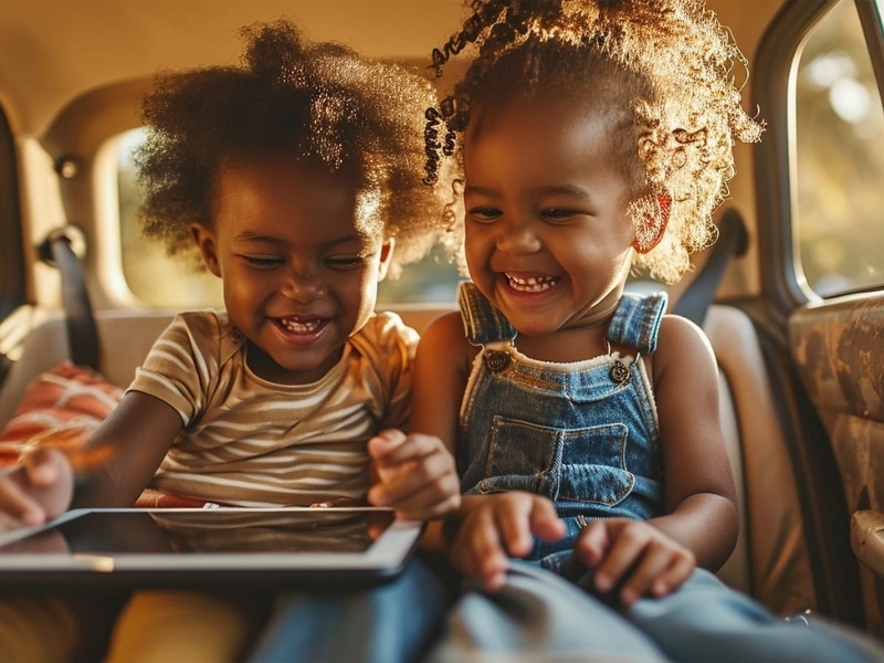 Cheerful cute kids sitting at car back seat, using digital tablet together and having fun,laughing playing video games 