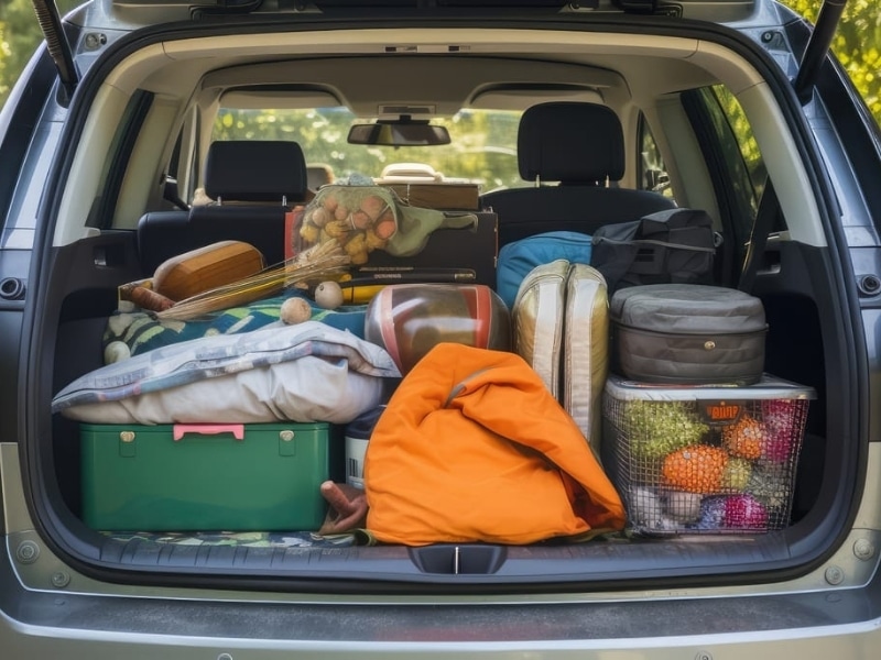 The back of a car is filled with suitcases, bags, and other travel essentials.