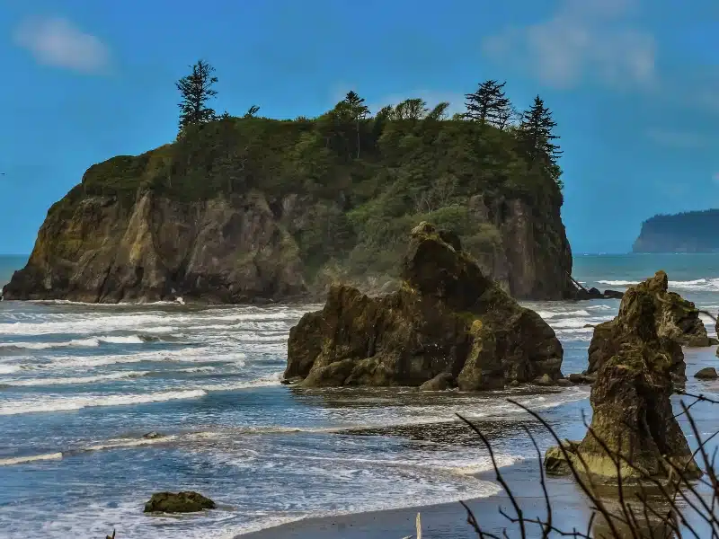 Marine landscape. Small islands and rocks on the shores of the Pacific Ocean in Olympic National Park, Washington, USA