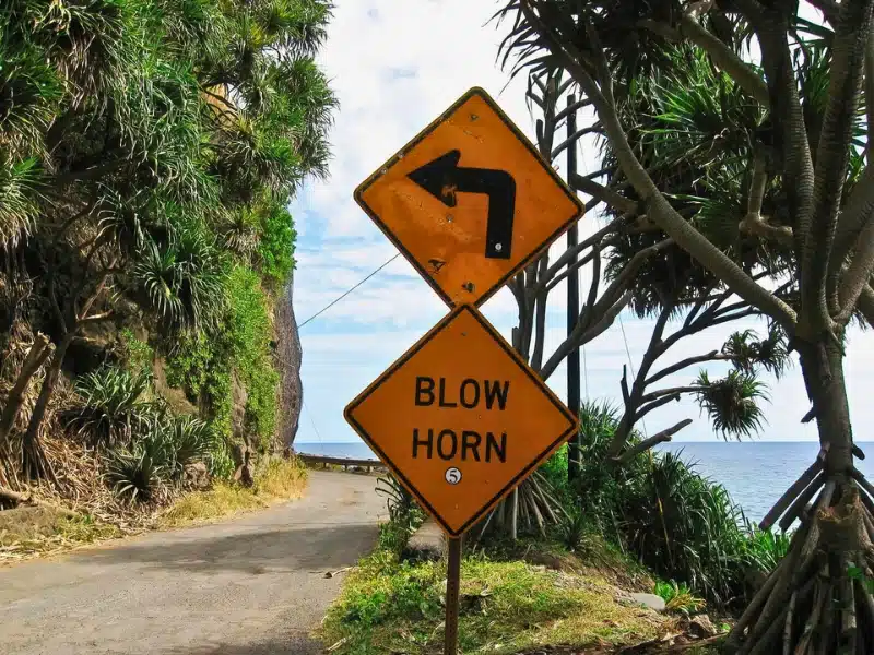 Warning Sign to Blow Horn and Honk Before treacherous 90 degree turn on a narrow road with cliff beside the ocean along the Heavenly Road to Hana on Maui, Hawaii. 