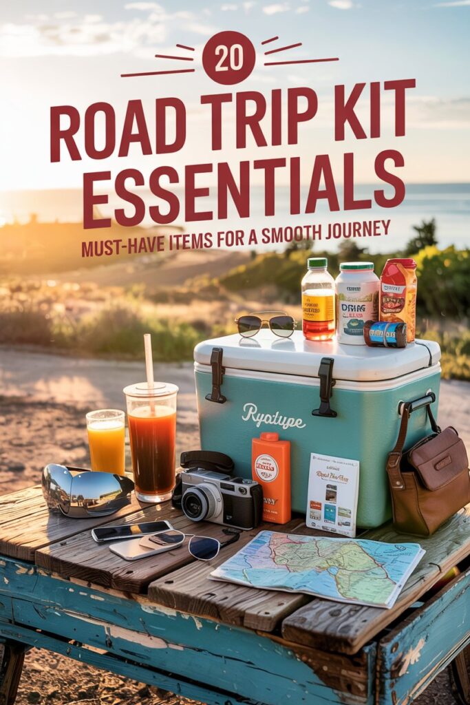 Table of road trip kit essentials including maps, snacks, and gadgets
