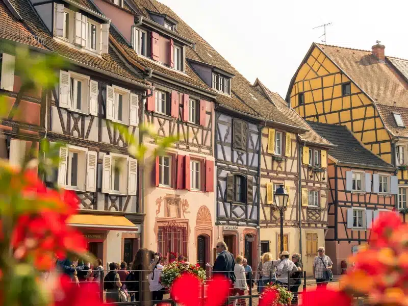 Brightly colored medieval timbered buildings in a row with red flowers in the foreground