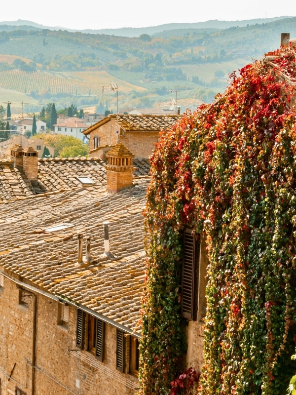 autumn vines hanging over a stone building with the Tuscany countryside in the background