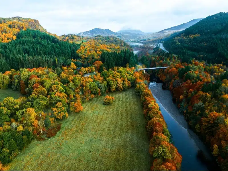 River next to a field and bright autumn foliage