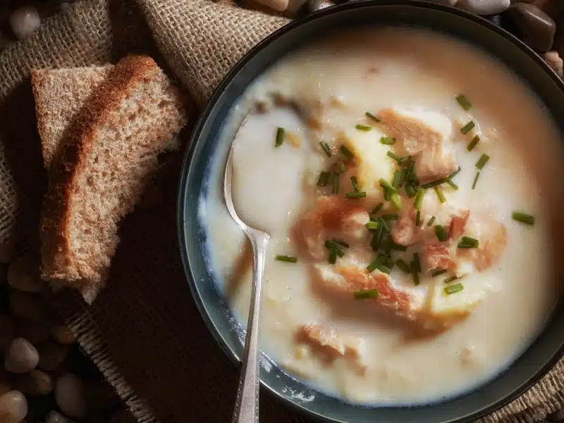 bowl of creamy fish soup in a black bowl with a hunk of brown bread