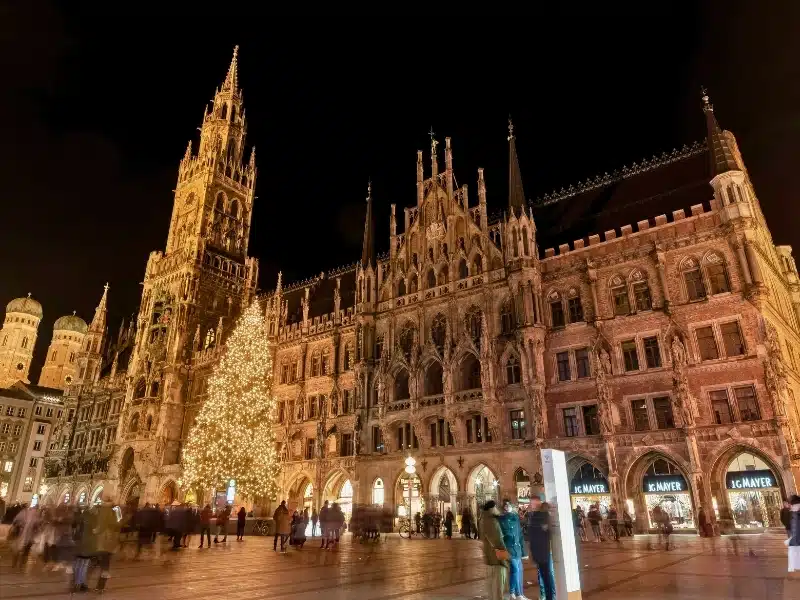 Large square lined with Gothic and Baroque buildings with a central Christmas tree sparkling with string lights