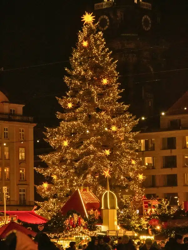 Sparkling Christmas tree with star decorations at the centre of a German Christmas Market