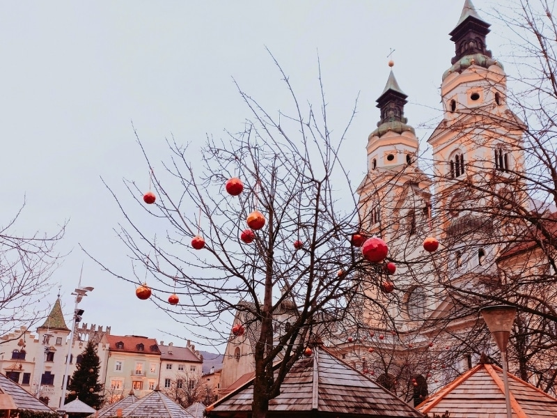 Red Christmas baubles hanging on a bare tree in front of a twin towered cathedral