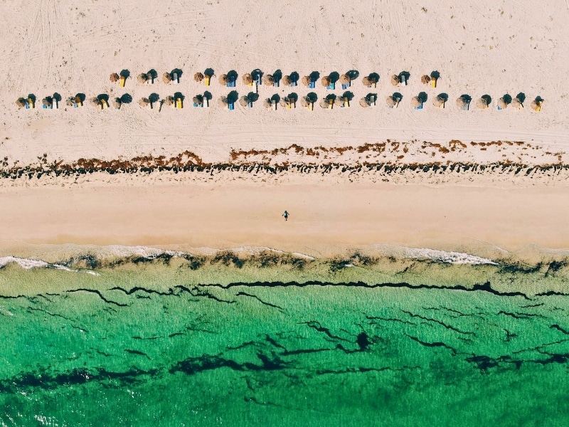 Drone shot of a white sandy beach and clear se with parasols linedup on the beach