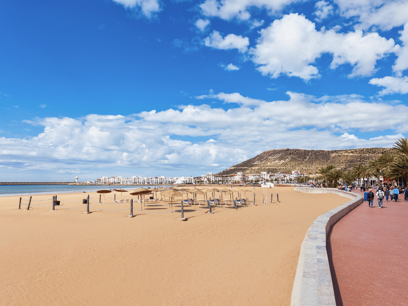 Wide sandy beach dotted with parasols and chairs and backed by a palm lined promenade