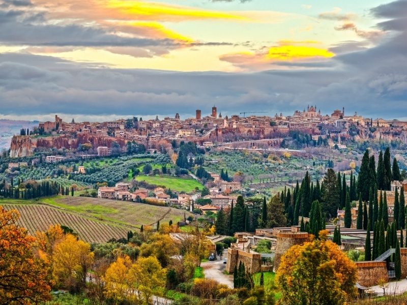 Orvieto, Umbria, Italy medieval skyline at dusk in winter.