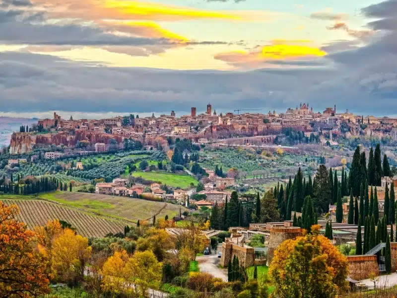 Orvieto, Umbria, Italy medieval skyline at dusk in winter.