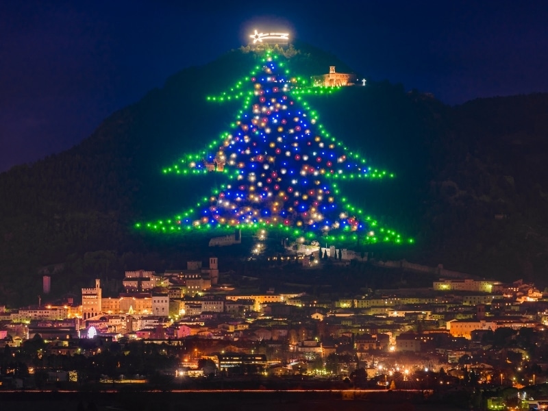 Small town at night with. ahuge Christmas tree lit up on a hill behind