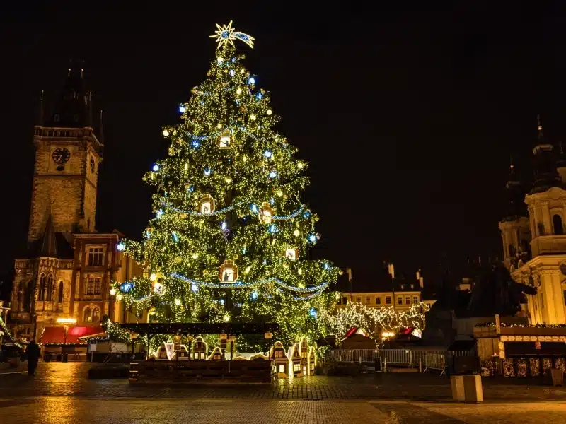Christmas tree at Old Town Square at night
