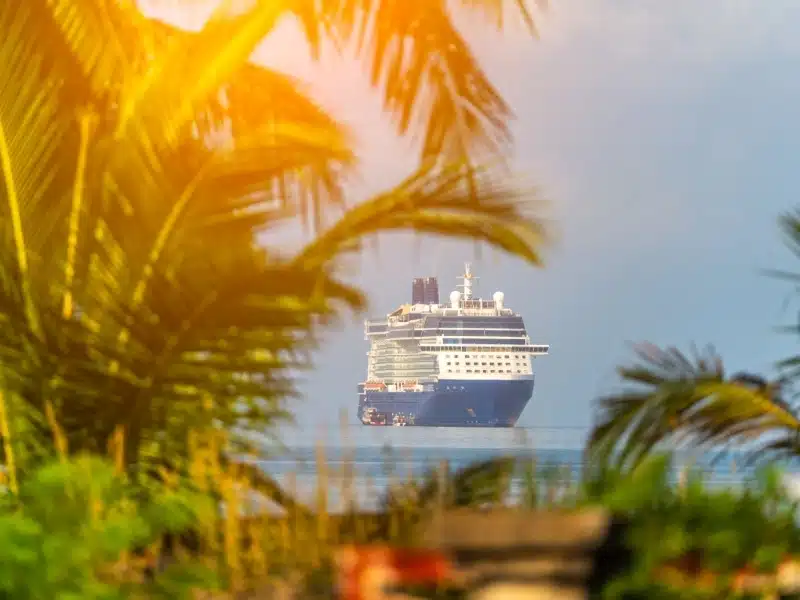 Cruise ship anchors near tropical shoreline surrounded by palm trees during sunset