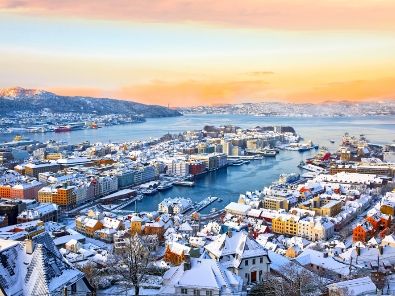 Amazing view of Bergen harbor in winter at sunrise, Norway
