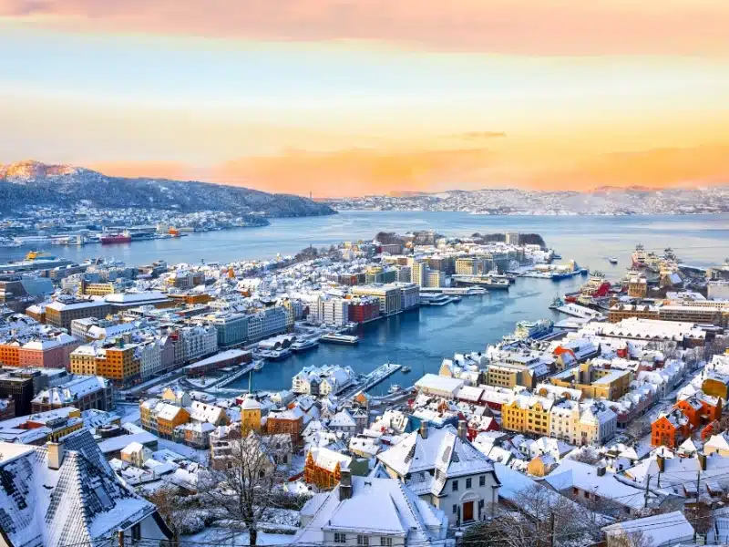 Amazing view of Bergen harbor in winter at sunrise, Norway