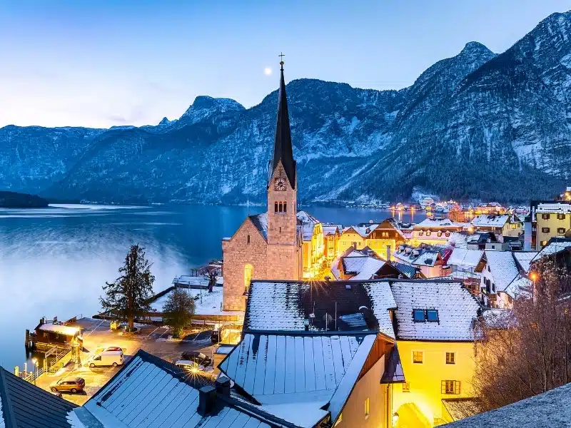 Famous Hallstatt mountain village in the Austrian Alps at sunrise, Austria