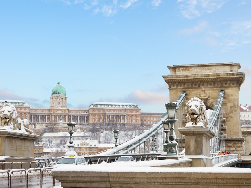 Chain Bridge and  Royal Palace  in Budapest at winter day Hungary