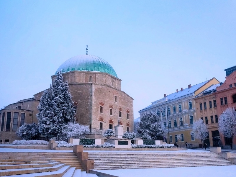 Candlemas Church of the Blessed Virgin Mary, Mosque of Pasha Qasim in Pecs, dusted with snow