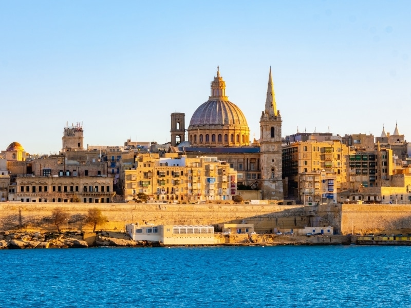 Valletta Malta city skyline with panoramic view over old town at sunset in January
