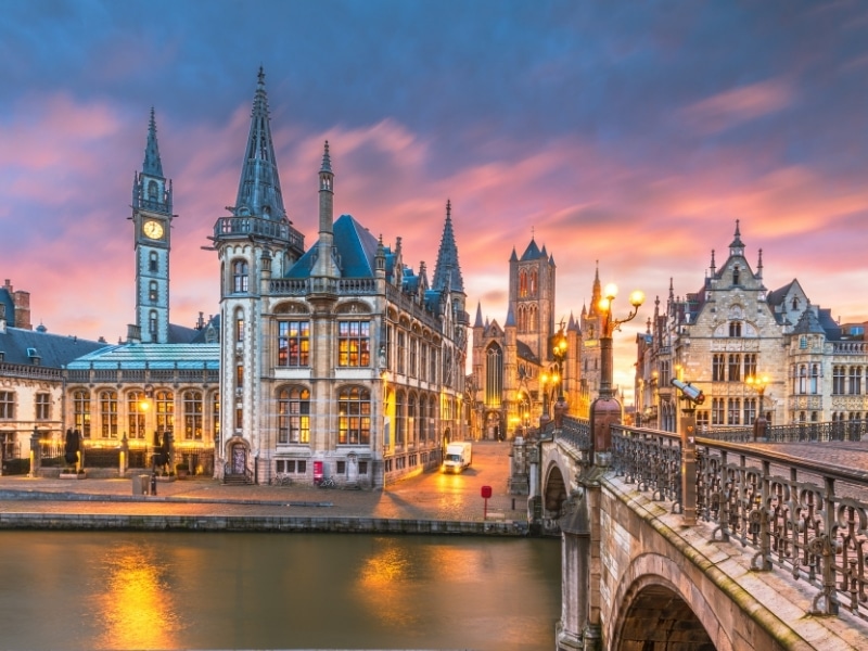 Ghent, Belgium old town cityscape from the Graslei at dawn on a winter's day