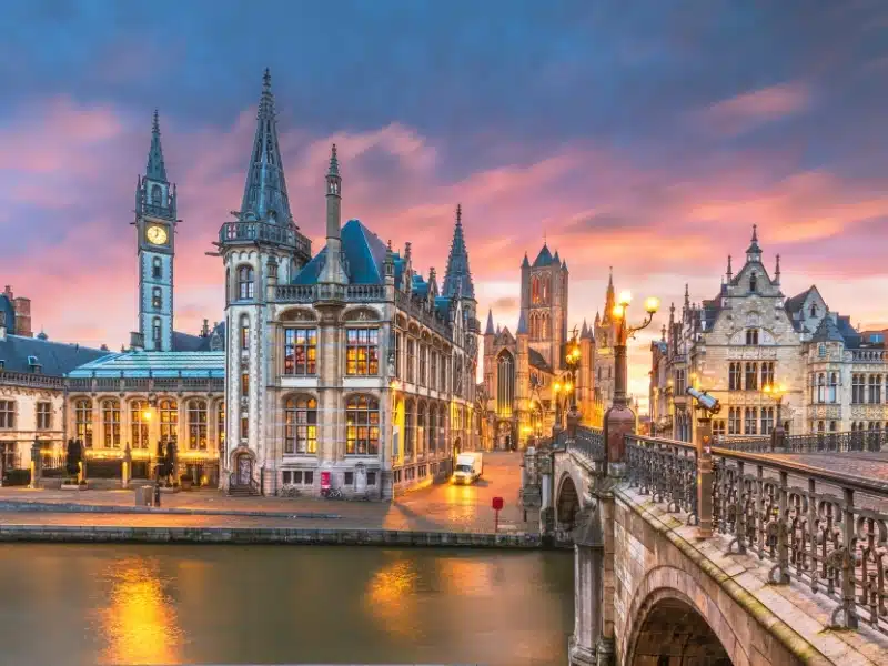 Ghent, Belgium old town cityscape from the Graslei at dawn on a winter's day