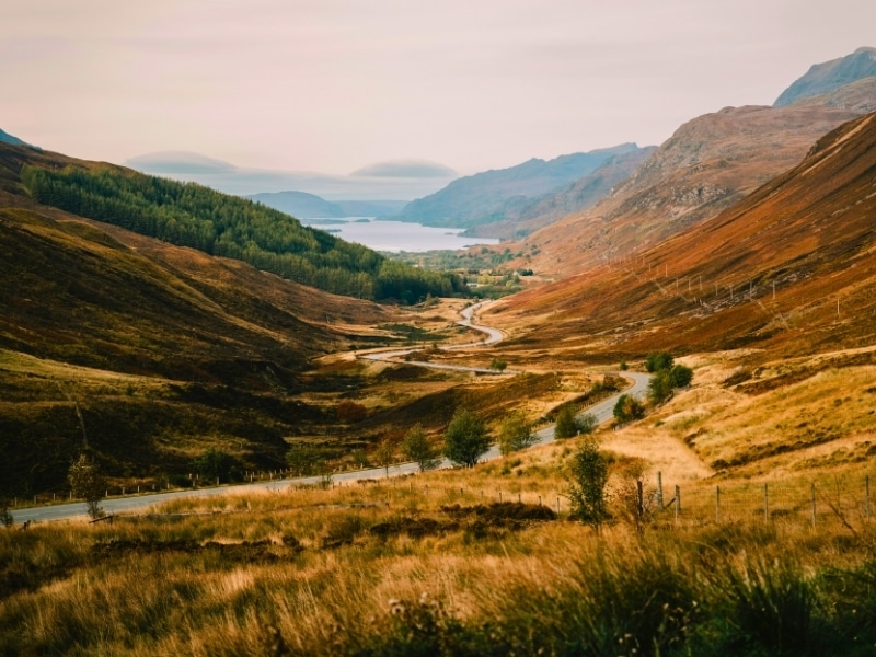 A winding road runs through a valley in the Scottish Highlands, with golden-brown hillsides, green forest, and a distant view of a loch under a cloudy sky.