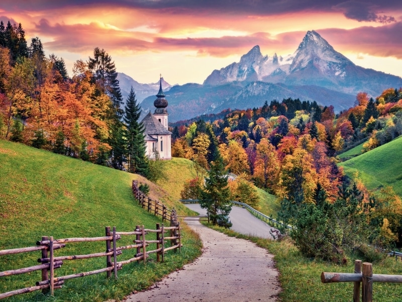 Iconic picture of Bavaria with Maria Gern church with Hochkalter peak in the background.