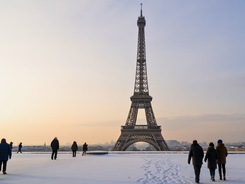 People walking through snow with the Eiffel Tower in front of them at sunrise