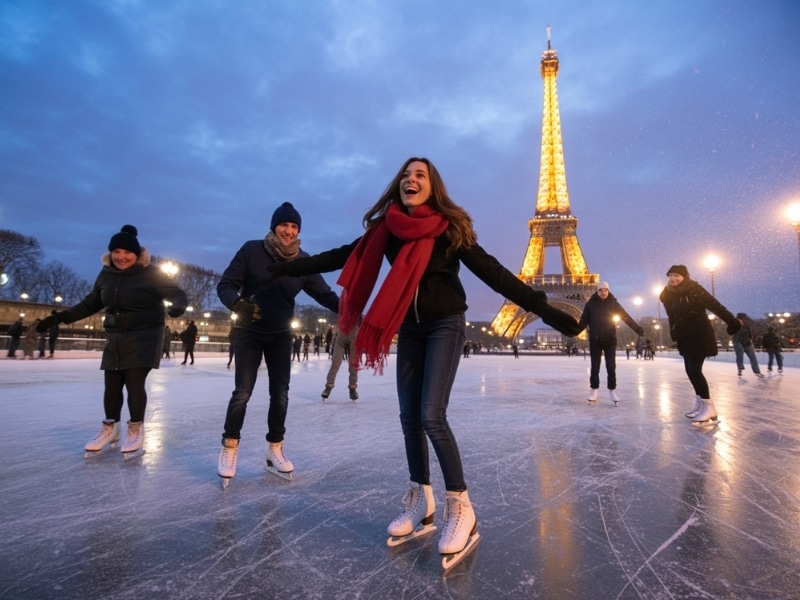 People joyfully ice skating on a frozen pond with the Eiffel Tower standing majestically in the background