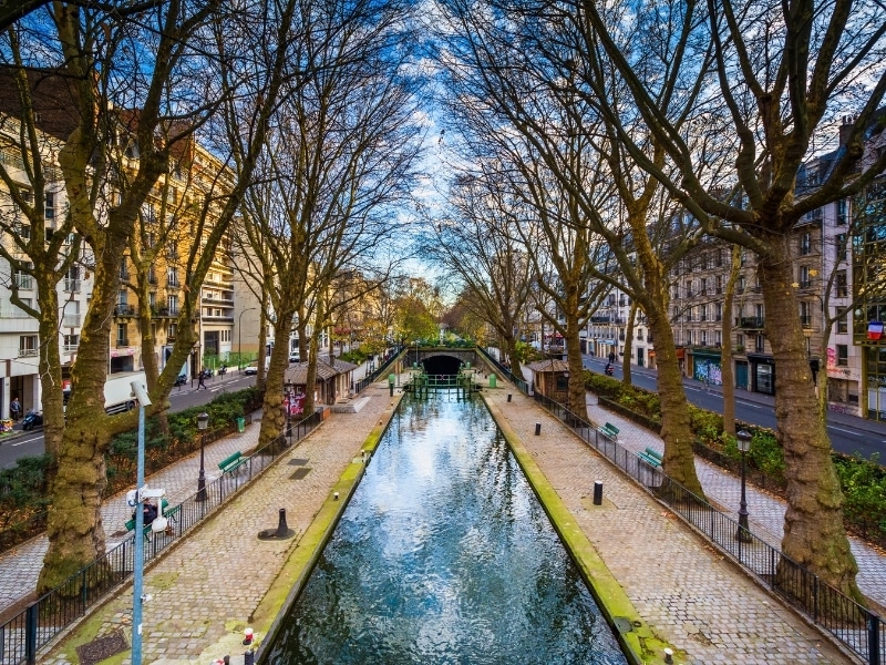 Small park along Canal Saint-Martin, in Paris, France.