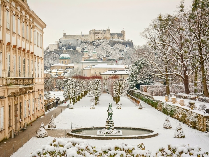 views to Hohensalzburg Fortress from mirabell gardens at winter landscape
