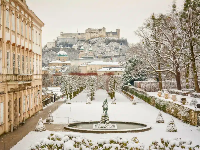 views to Hohensalzburg Fortress from mirabell gardens at winter landscape