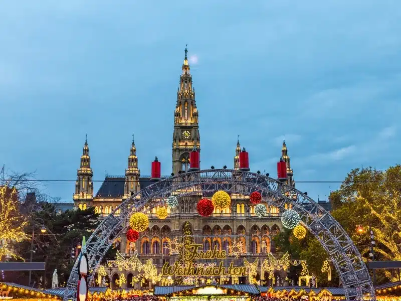 Christmas market in Vienna, Austria, Europe in the evening