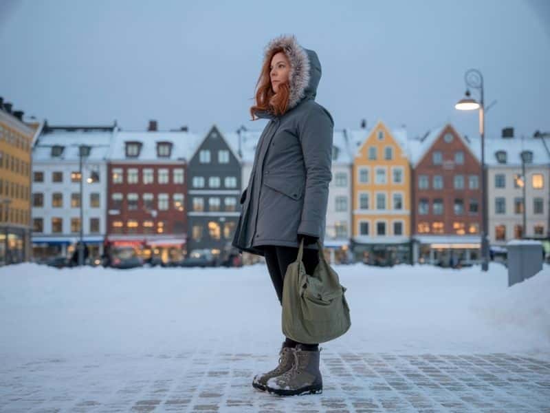 Woman standing in a snow-covered square in Oslo, Norway, in January, bundled in a thick, charcoal-grey parka with a faux fur-trimmed hood.