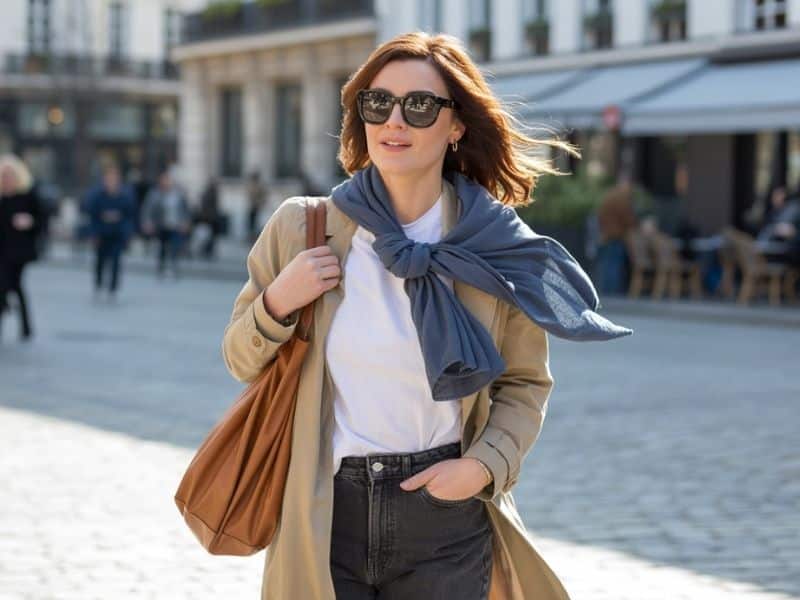 A fashionable woman confidently strolling along a charming cobblestone street in Paris in very early spring