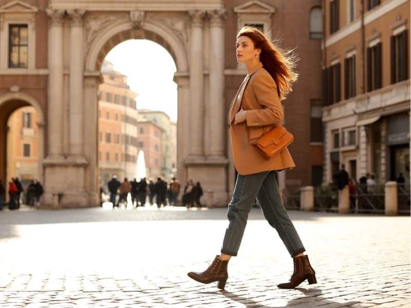 A woman gracefully strolling through a sun-drenched Roman piazza in February.